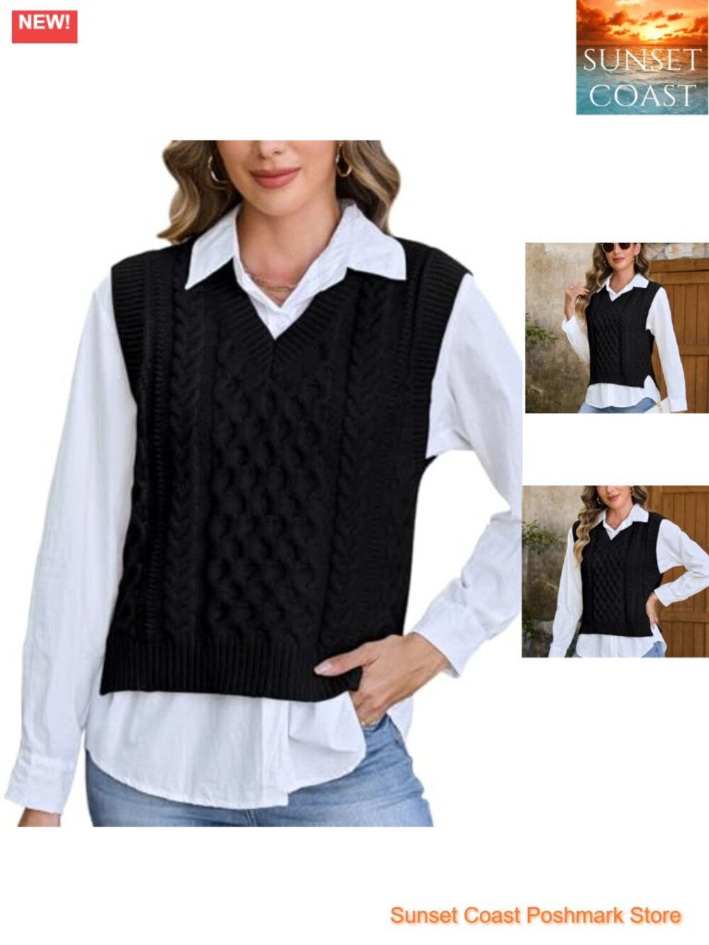 Womens Sweater Vest V Neck Sleeveless Cable Knit Pullover Top